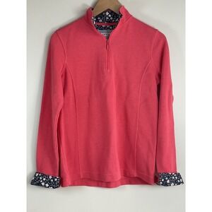 ORVIS Womens Medium Pink 1/4 Zip Sweater Ribbed Knit Floral Flip Trim Sweatshirt